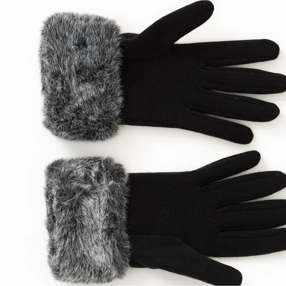 Faux fur trimmed gloves luxury black & gray